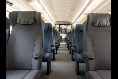 Interior of refurbished Eurostar e300 high speed trainset.